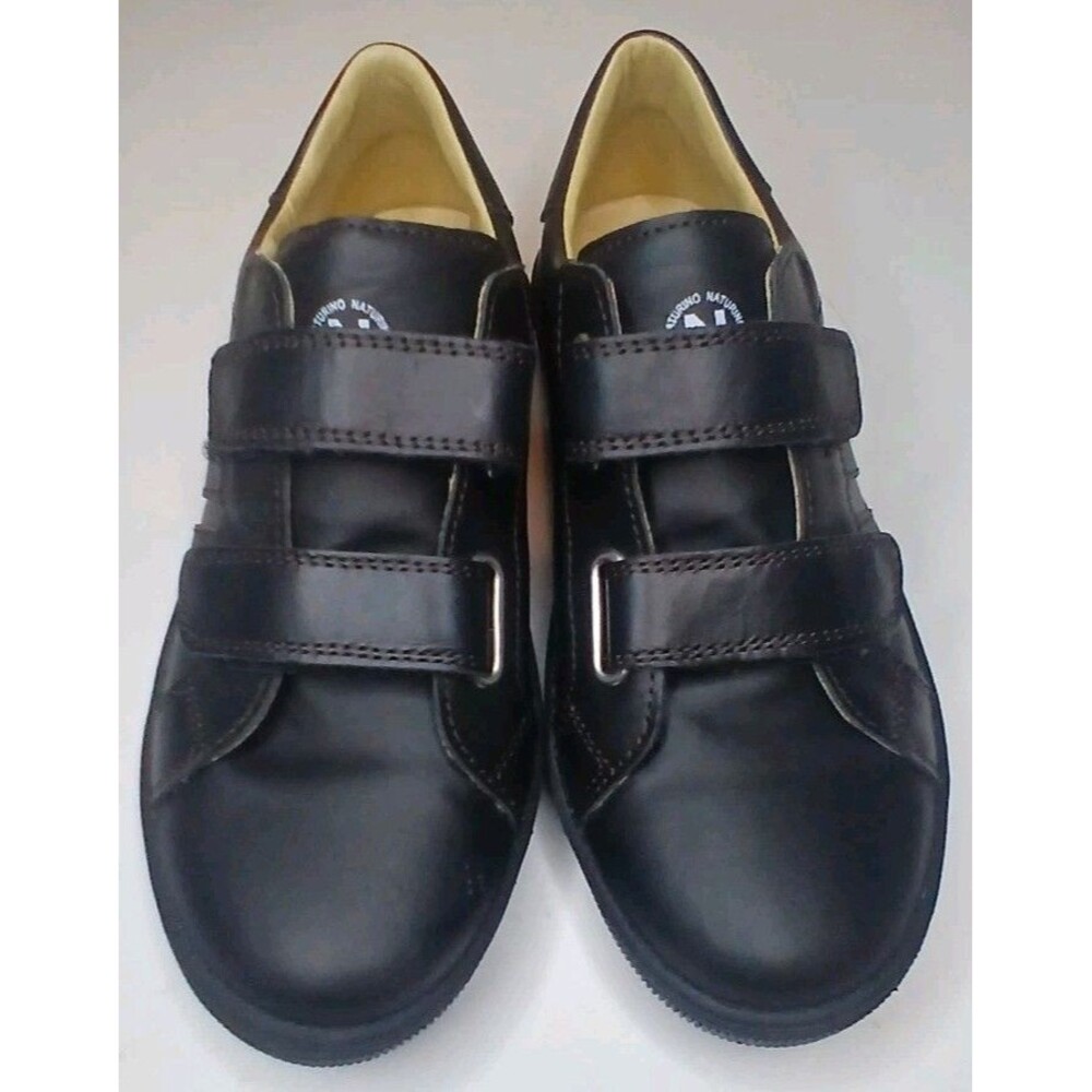 Naturino Boys Sz 2 EU 33 Black Leather School Shoes Hook And Loop